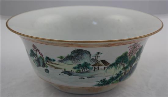 A Chinese famille rose landscape bowl, Qianlong seal mark, 19th century, diam. 19.5cm